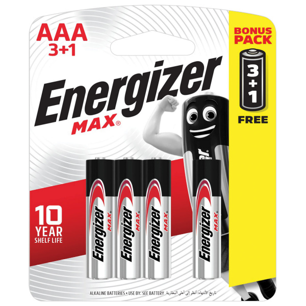 Батарейки , ENERGIZER Max, ПРОМО 3+1, AAA (LR03, 24А), алкалиновые, мизинчиковые
