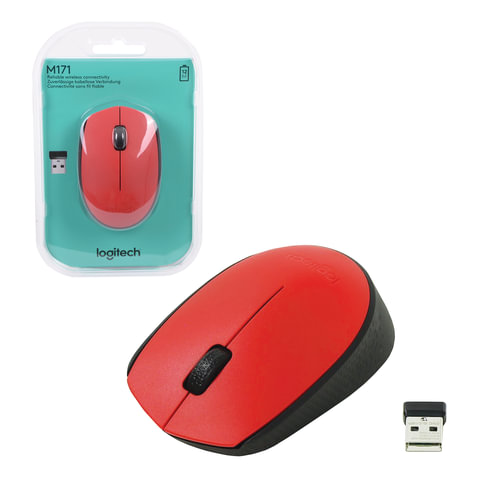 Мышь беспроводная LOGITECH M171, 2 кнопки + 1 колесо-кнопка, оптическая, красная, 910-004641