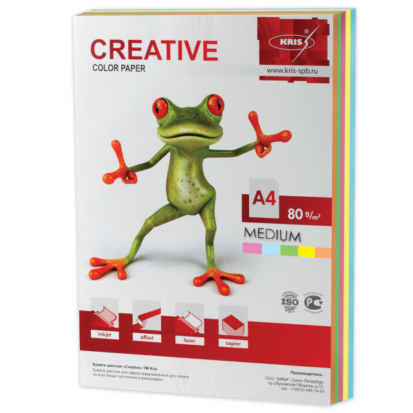 Бумага CREATIVE color (Креатив) А4, 80г/м, 250 л. (5 цв.х50л.) цветная медиум, БОpr-250r, ш/к 40754