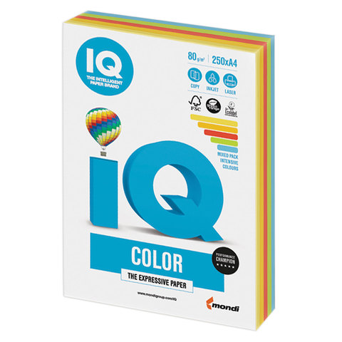 Бумага IQ (АйКью) color А4, 80 г/м, 250 л. (5цв.x50л.), цветная интенсив RB02 ш/к 07579