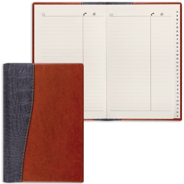 Телефонная книжка А5 136*202мм, 96л, BRAUBERG ВЫР.АЛФАВИТ, "Cayman", "крок. кожа",черн./т-кор,125129