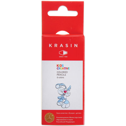 Карандаши цветные КРАСИН "Веселый кролик", 6 цв., заточенные, 88 мм, 06KW000102H 