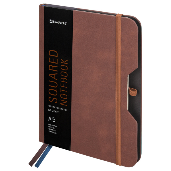 Блокнот А5 162х218мм BRAUBERG NOTE под кожу софт-тач, с резинкой, 80л, клетка, коричневый, 113436
