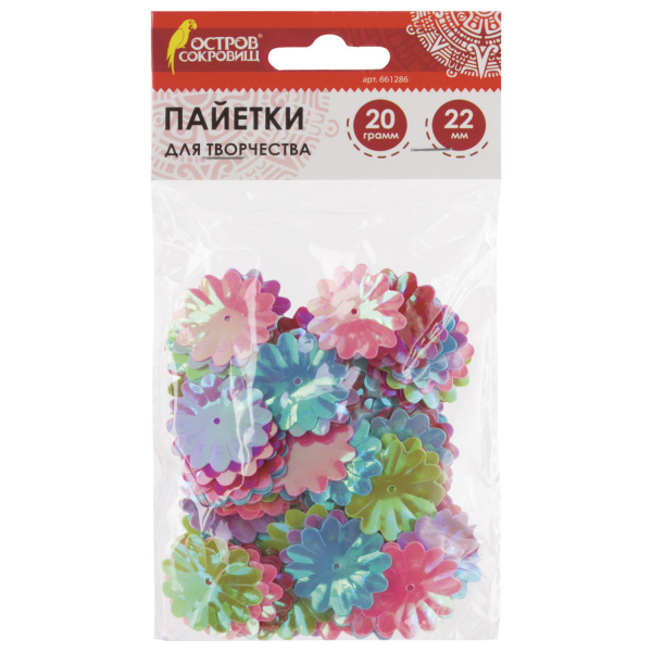 Пайетки для творчества "Цветы", яркие, цвет ассорти, 5 цветов, 22 мм, 20 грамм, ОСТРОВ СОКРОВИЩ, 661 Пайетки для творчества "Цветы", яркие, цвет ассорти, 5 цветов, 22 мм, 20 грамм, ОСТРОВ СОКРОВИЩ, 661