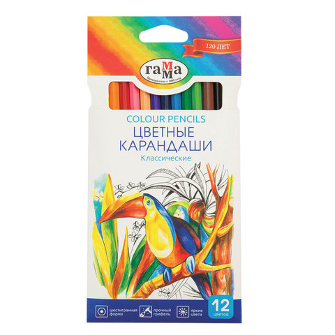 Карандаши цветные ГАММА "Классические", 12 цв., заточенные, шестигранные, карт. упак., 05091802