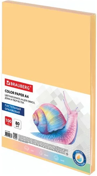 Бумага цветная BRAUBERG, А4, 80 г/м2, 100 л., пастель, оранжевая, для офисной техники, 112448