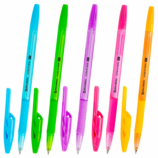Ручка шариковая с грипом BRAUBERG "ULTRA GT NEON", СИНЯЯ, корпус ассорти, линия 0,35 мм, 144054