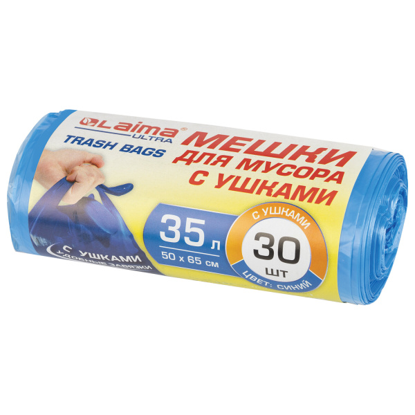 Мешки для мусора с ушками LAIMA "ULTRA" 35 л синие, в рулоне 30 шт. прочные, ПНД 11 мкм, 50х65 см