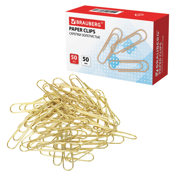 Скрепки BRAUBERG 50 мм, золотистые, 50 шт., в картонной коробке