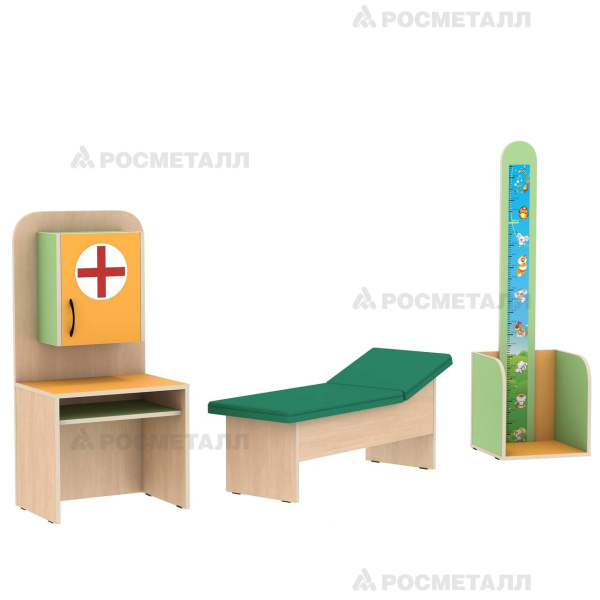 Уголок игровой "Айболит" (стеллаж 510х378х1050мм, куш. 1025х400х351мм, ростомер 400х350х1320мм), П12