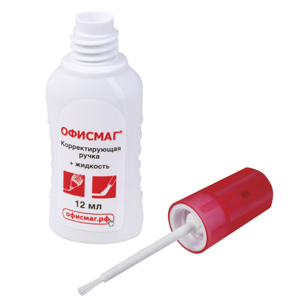 Ручка-корректор + корректирующая жидкость ОФИСМАГ 12 мл, 2 в 1: метал. наконечник + кисточка, 225218