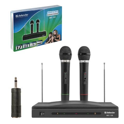 Микрофоны DEFENDER MIC-155, набор, беспроводные, радио 87-92 МГц, радиус действия 30 м, черные, 6415