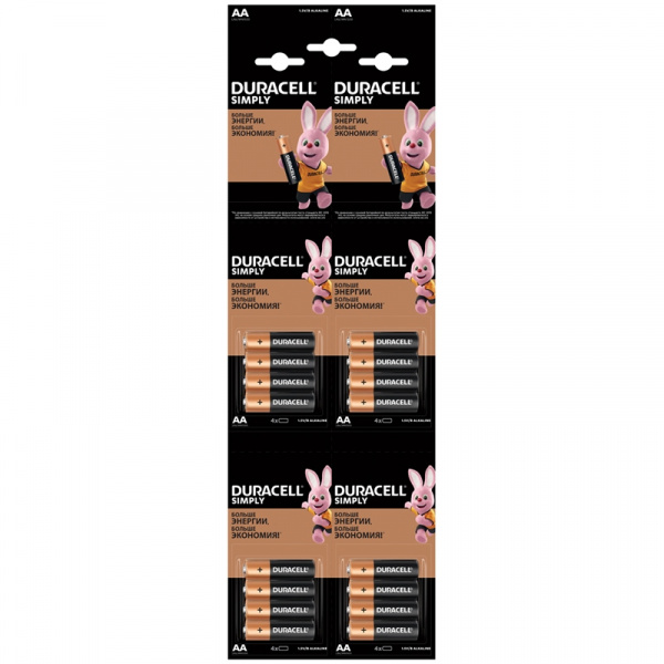 Батарейка Duracell Simply AA (LR06) алкалиновая, 4BL, отрывной набор