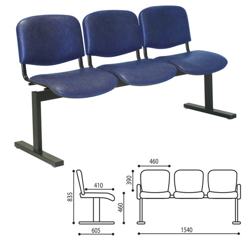 Кресло для посетителей трехсекционное "Трио", 850х1550х640 мм, черный каркас, синий кожзаменитель