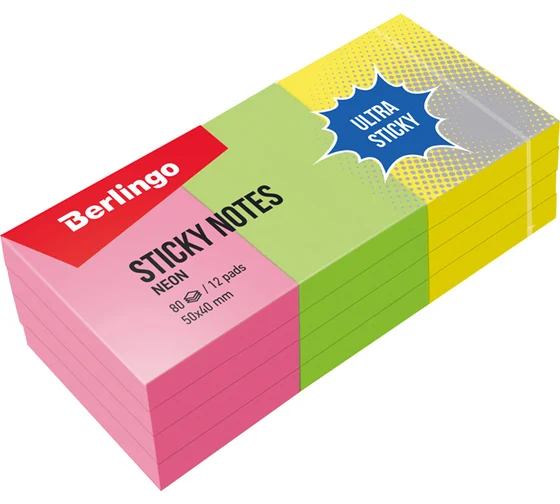 Блок самоклеящийся Berlingo "Ultra Sticky" 50*40мм 12 блоков по 80л., 3 неоновых цвета