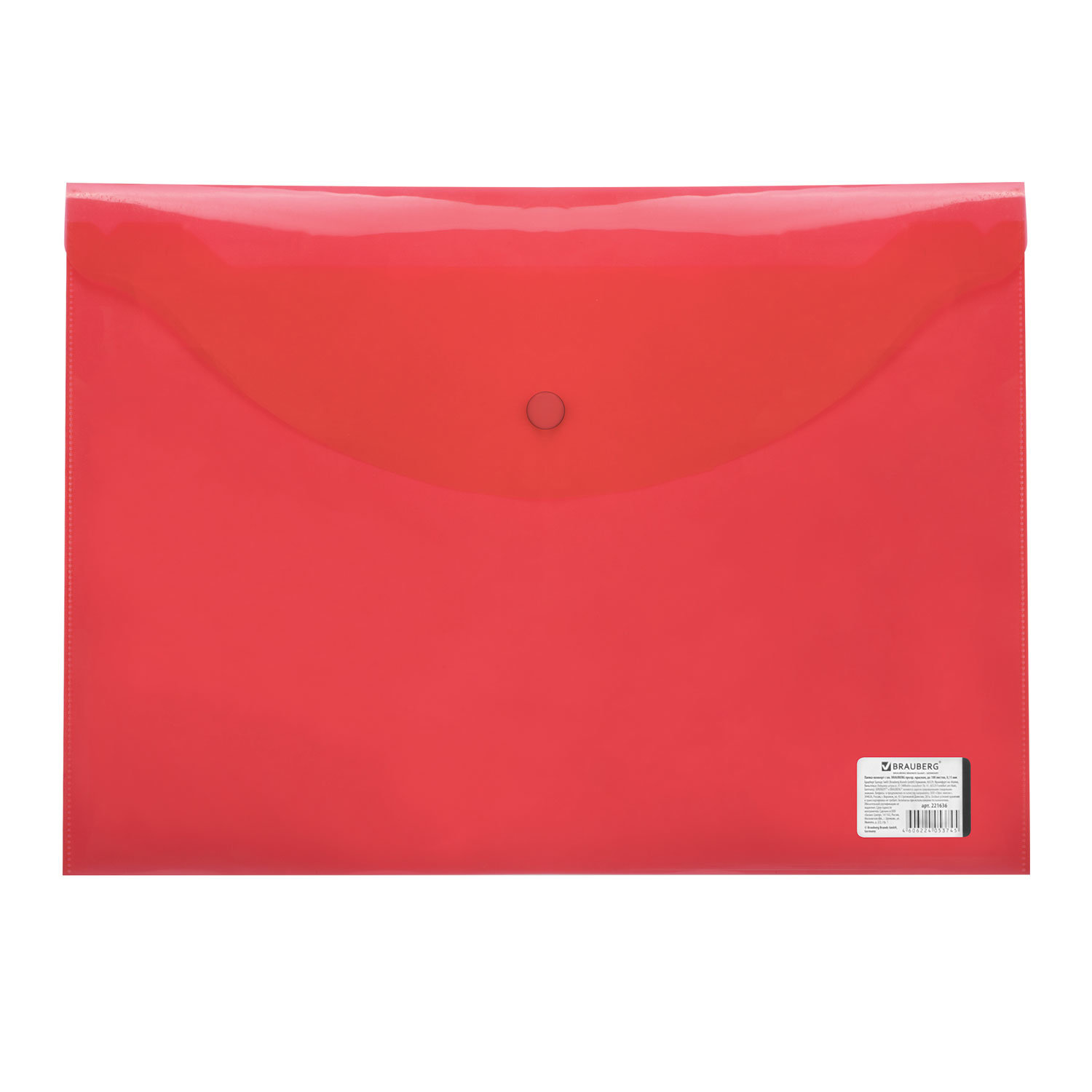 Папка-конверт с кнопкой BRAUBERG, А4, 150 мкм, до 100 листов, прозрачная, красная, 221636