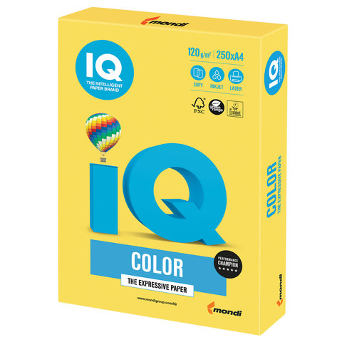Бумага IQ color, А4, 120 г/м2, 250 л., интенсив, канареечно-желтая, CY39