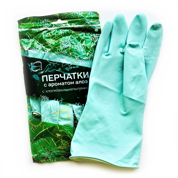 Перчатки МНОГОРАЗОВЫЕ латексные с ароматом АЛОЭ зеленые, ХБ напыление, размер M, вес 58 г, КП 139597