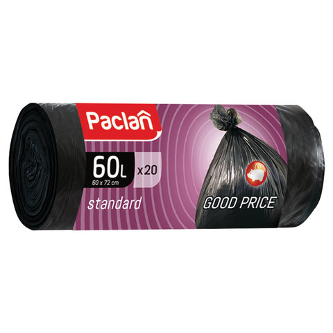 Мешки д/мусора 60л PACLAN Standart в рулоне 20шт, ПНД, 60*72см, 7мкм, черные, (шк 02822)