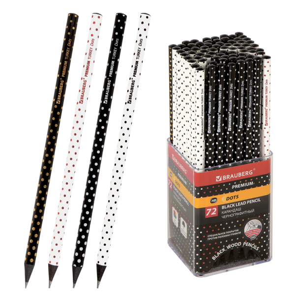 Карандаш чернографитный BRAUBERG "PREMIUM TURKEY", 1 шт., "Dots", НВ, ассорти, дисплей