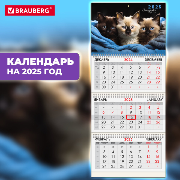 Календарь квартальный на 2025 г., 3 бл, 3 гр, с бегунком, мелованная бумага, BRAUBERG, Милые котики