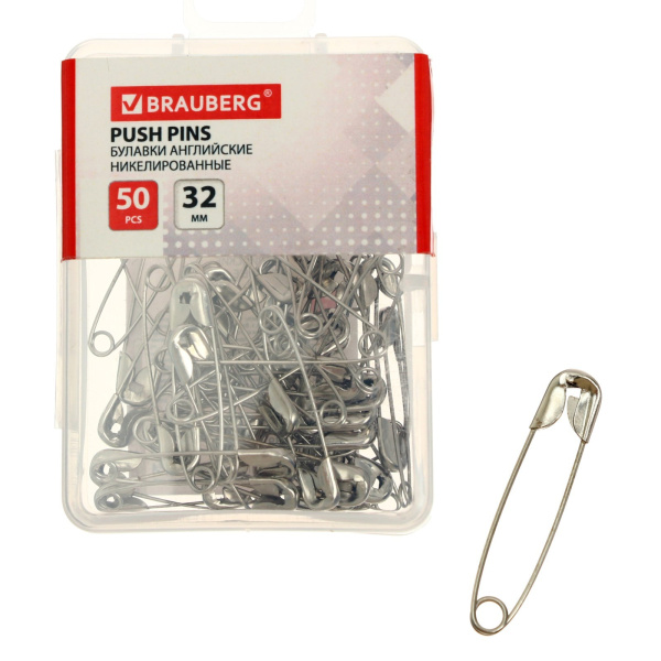 Булавки английские 32 мм, 50 штук, BRAUBERG никелированные, в евробоксе