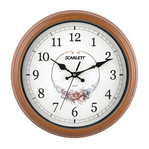 Часы настен. SCARLETT SC-25Q круг, белые с рисунком, корич. рамка, плавный ход 30.0x30.0x5.0 см