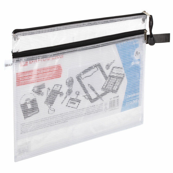 Папка-конверт на молнии BRAUBERG А4, 335*243мм, ПВХ, сетка, 0,3мм, 2 отделения, прозрачная, 223889