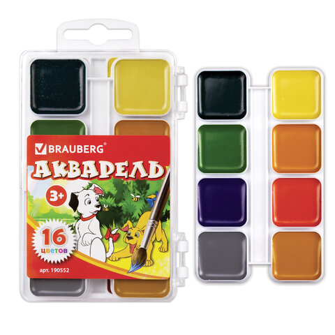 Краски акварельные BRAUBERG, 16цв, медовые, пластиковая коробка, без кисти, 190552