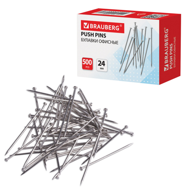 Булавки офисные BRAUBERG 24 мм 50 г, в карт. коробке, 220562