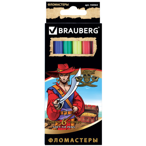 Фломастеры BRAUBERG "Pirates" (Пираты), 6цв, вент.колп, карт.уп. с зол.тисн., ув. срок служ, 150563