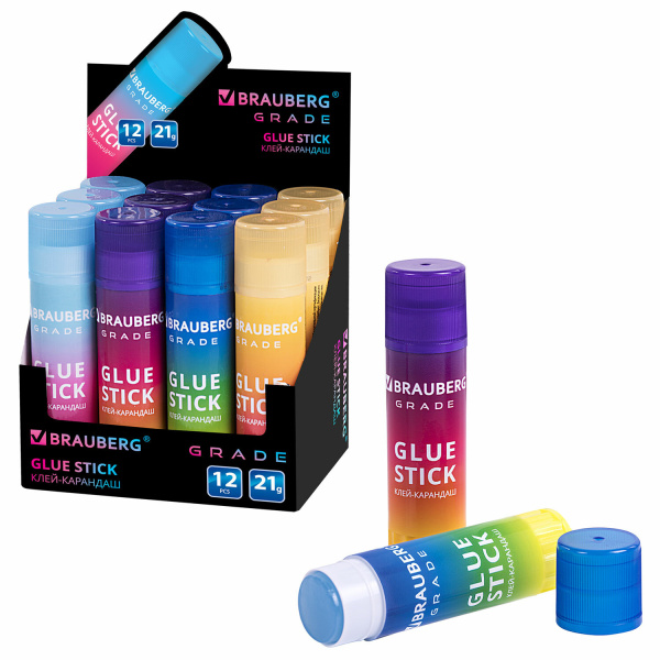 Клей-карандаш BRAUBERG GRADE, 21 г, в градиентном корпусе , PVP основа, ассорти