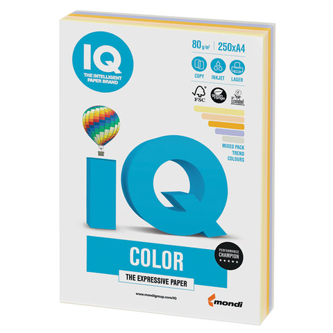 Бумага IQ (АйКью) color, А4, 80 г/м2, 250 л. (5 цв. х 50 л.), цветная умеренно-интенсив (тренд), RB0