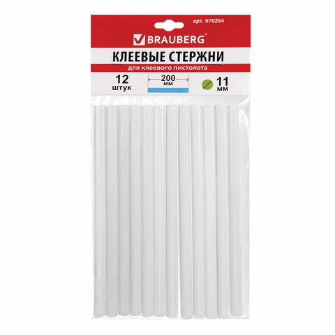 Клеевые стержни, диаметр 11 мм, длина 200 мм, прозрачные, комплект 12 шт., BRAUBERG, европодвес, 670