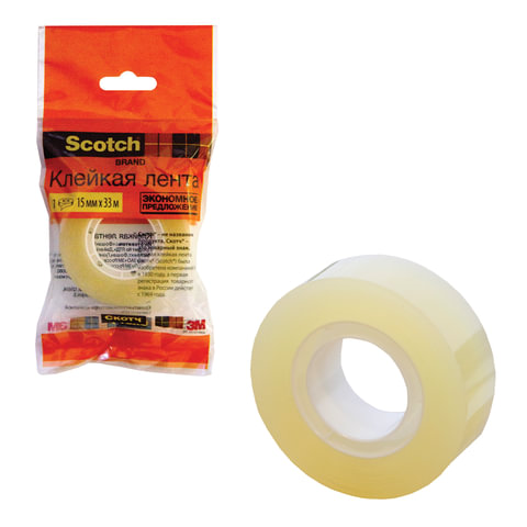 Клейкая лента 15мм*33м, SCOTCH "ЭКОНОМ", прозрачная, 45 мкм, 500-1533