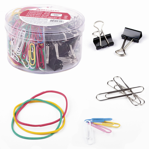 Набор BRAUBERG зажимы 19мм/15шт, скрепки 28мм/145шт и 50мм/50шт, резинки д/ден. 40шт, цилиндр, 22351