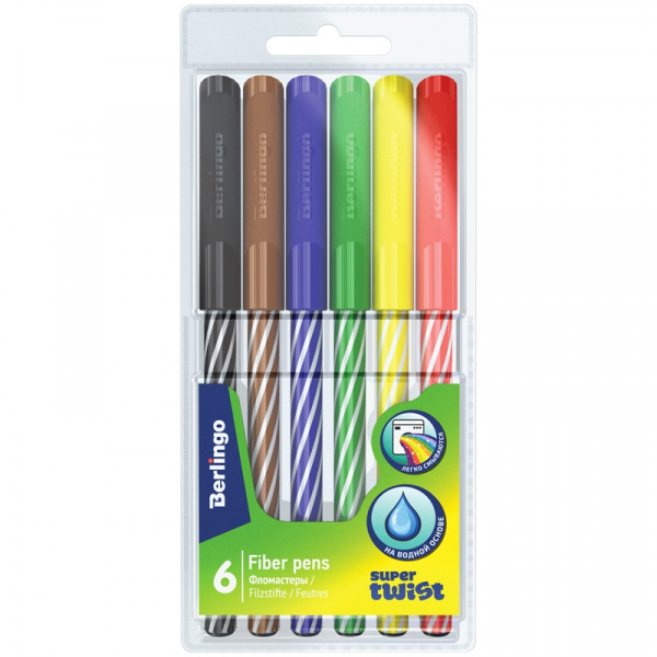 Фломастеры Berlingo "SuperTwist", 06цв., смываемые, рисунок на корпусе, блистер WP_03006