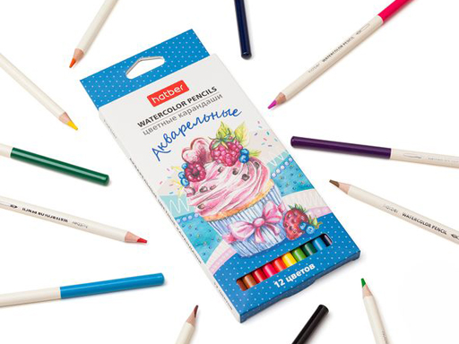 Карандаши цветные Hatber Акварельные круглый корпус 12 цв. с заточ.  в карт.короб. с европ. 063851