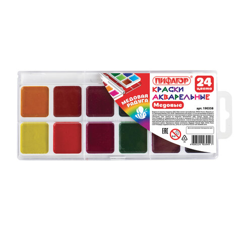 Краски акварельные ПИФАГОР 24цв, медовые, пластиковая коробка, без кисти, 190358