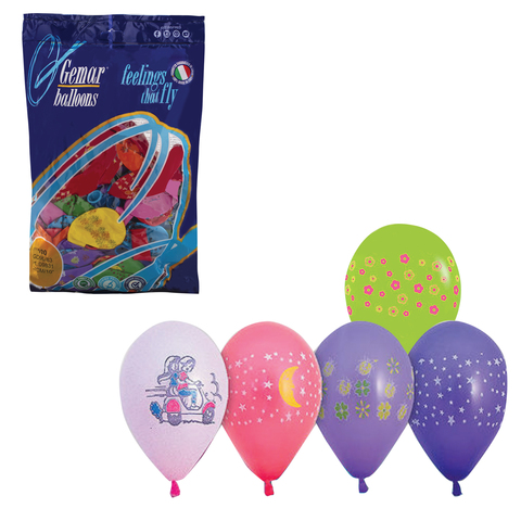 Шары воздушные 10" (25 см), комплект 100 шт., 12 пастельных цветов, 8 рисунков, в пакете, 1103-0007