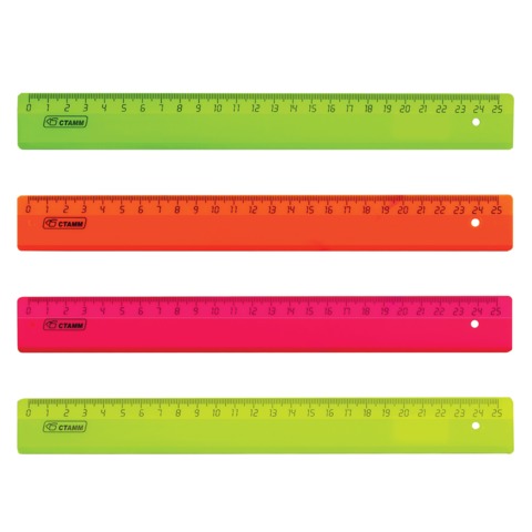 Линейка СТАММ 25 см, флуоресцентная, ассорти, 4 цвета, ЛН21