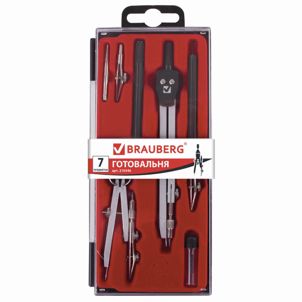 Готовальня BRAUBERG "Student", 7 предм., наполнение-2, пласт. пенал, 210346