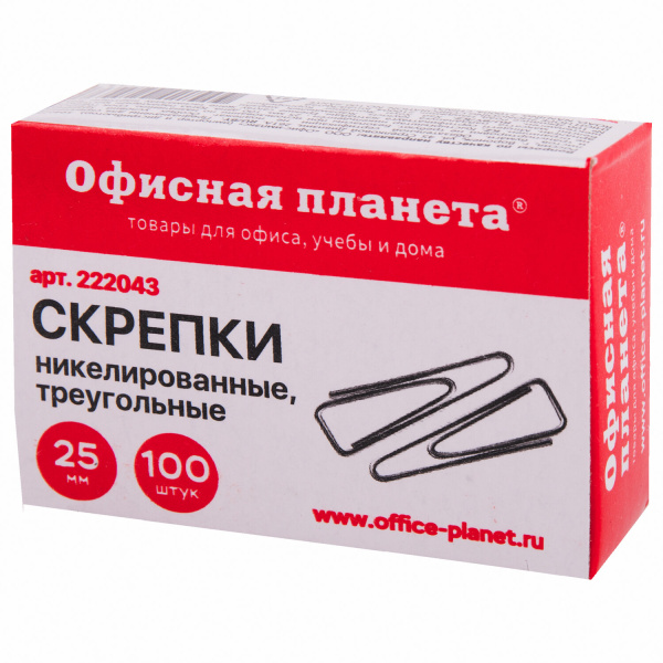 Скрепки ОФИСНАЯ ПЛАНЕТА 25 мм металл., треугол., 100 шт., в карт. коробке, 222043