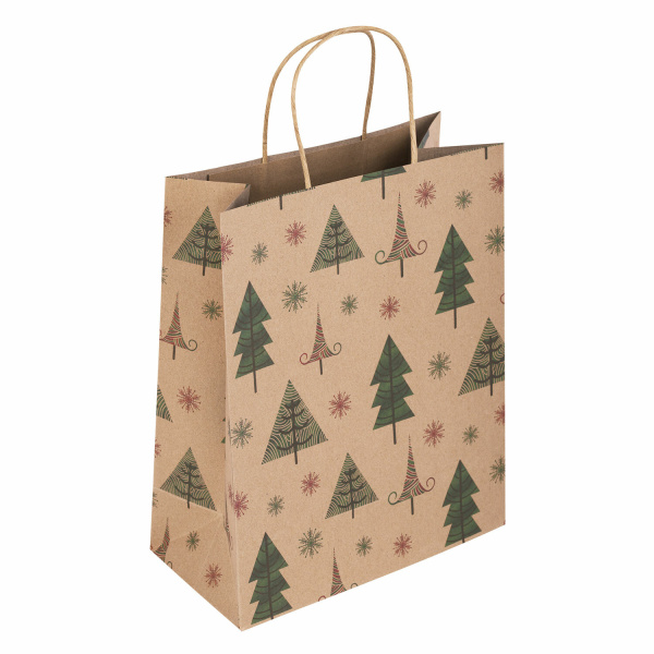 Пакет подарочный КОМПЛЕКТ 10 штук, новогодний, 26x13x32 см, "Kraft Xmas Tree", ЗОЛОТАЯ СКАЗКА, 59195