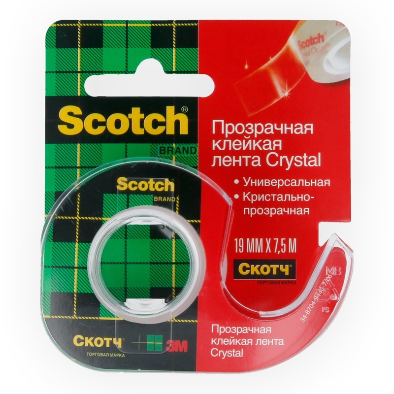 Клейкая лента в диспенсере 19мм* 7,5м SCOTCH "Crystal", прозрачная, 50 мкм, 61975D