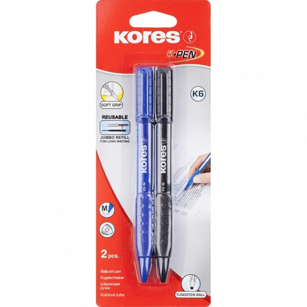 Ручки шариковые KORES К6 автомат треуг.корп,манж.,0,7мм 2шт/бл сн/чр 37652