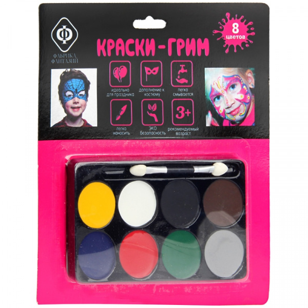 Краски для грима Фабрика фантазий, 08 цветов, кисть-аппликатор, блистер