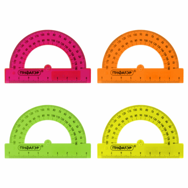 Транспортир 8 см, 180 градусов, ПИФАГОР,  прозрачный, неоновый, ассорти, 210792