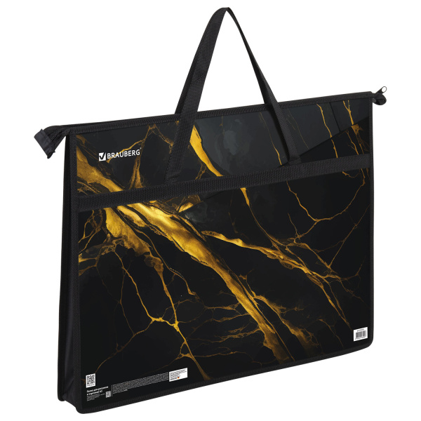 Папка для рисунков и чертежей с ручками BRAUBERG А3, пластик, молния сверху, "Black&gold marble", 27