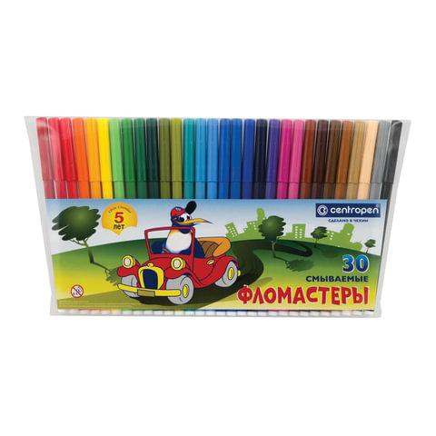 Фломастеры CENTROPEN, 30 цветов, "Пингвины", смываемые, вентилируемый колпачок, полибег, 7790/30-86 